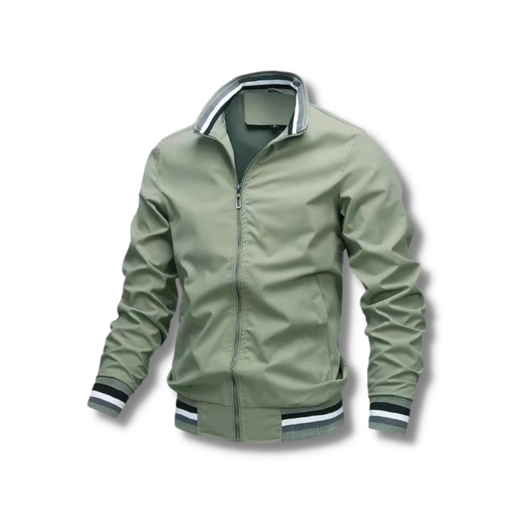 Chaqueta de moda masculina para hombre, con cremallera central y acentos de contraste, estilo casual.
