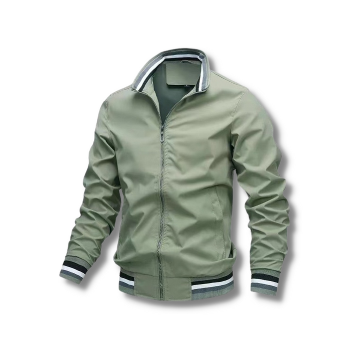 Chaqueta de moda masculina para hombre, con cremallera central y acentos de contraste, estilo casual.