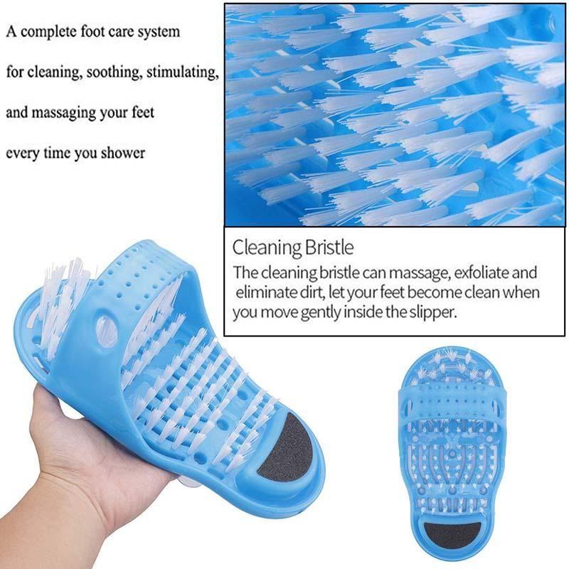 Zapatilla de ducha antideslizante con cerdas. Exfolia y masajea los pies. Promueve la higiene y salud podal en el baño.