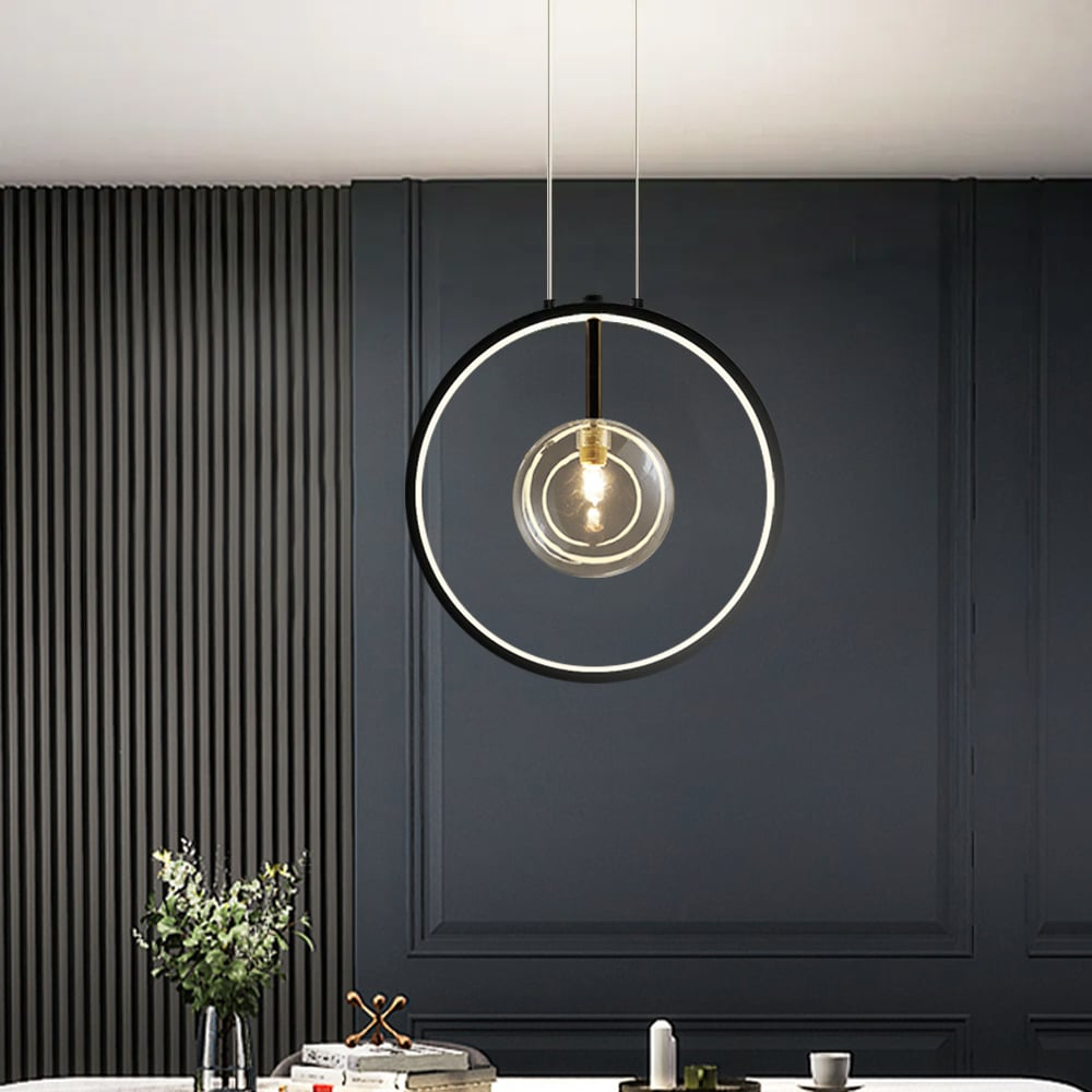 Lámpara colgante LED moderna de vidrio esférico y metal. Iluminación elegante para salón o comedor.
