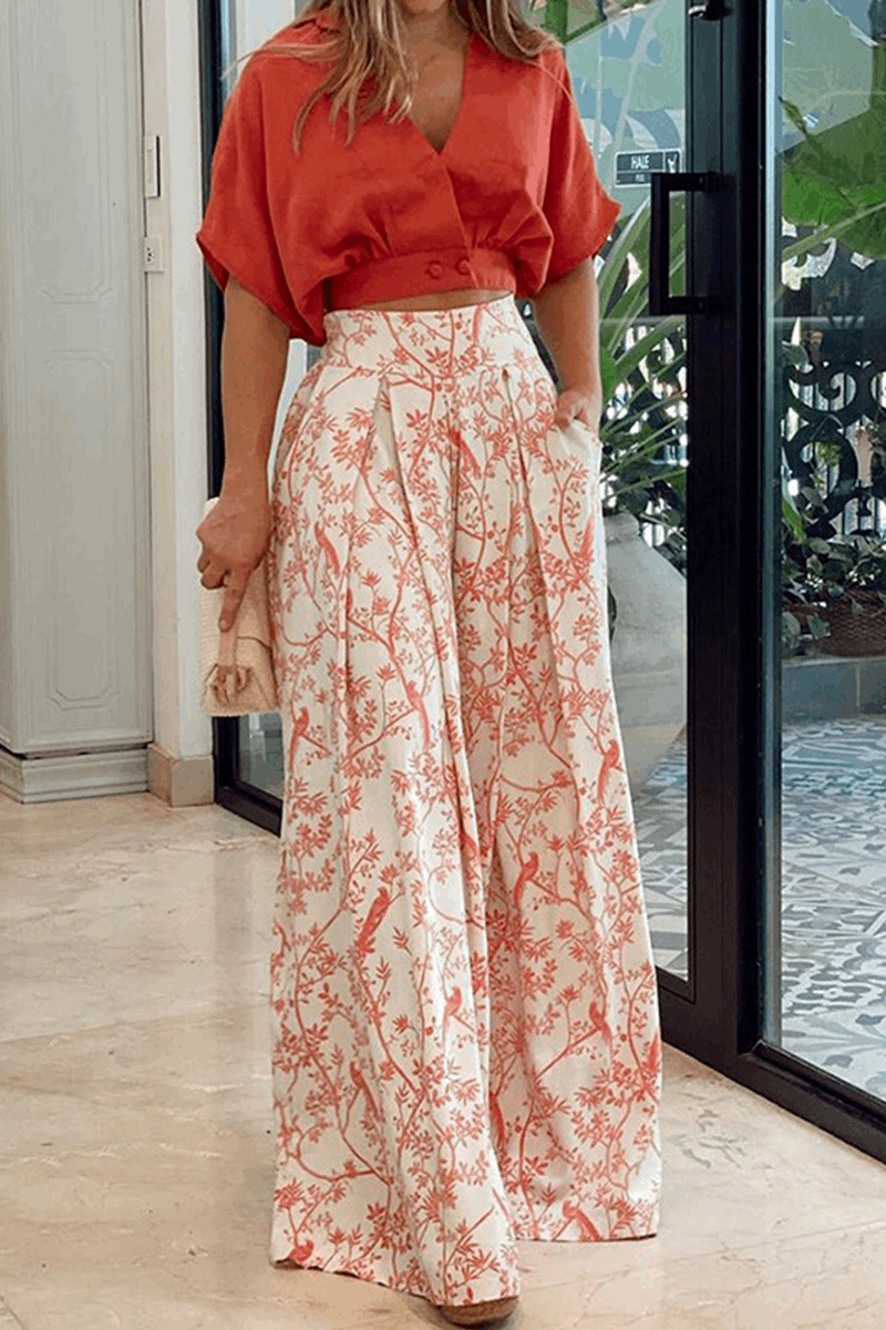 Top estampado tropical y pantalón corto a juego, conjunto de verano casual para mujer.