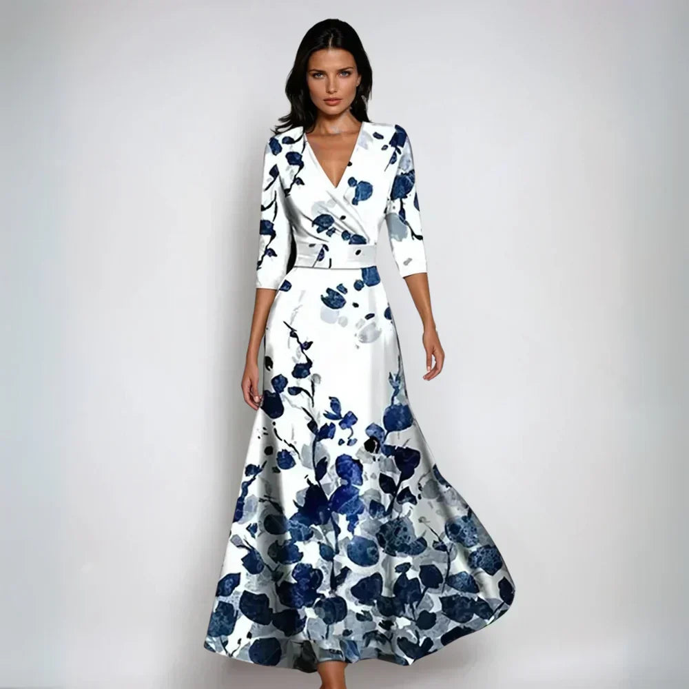 Elegante vestido largo floral de mujer, con escote en V, perfecto para fiestas de verano o estilo boho casual.