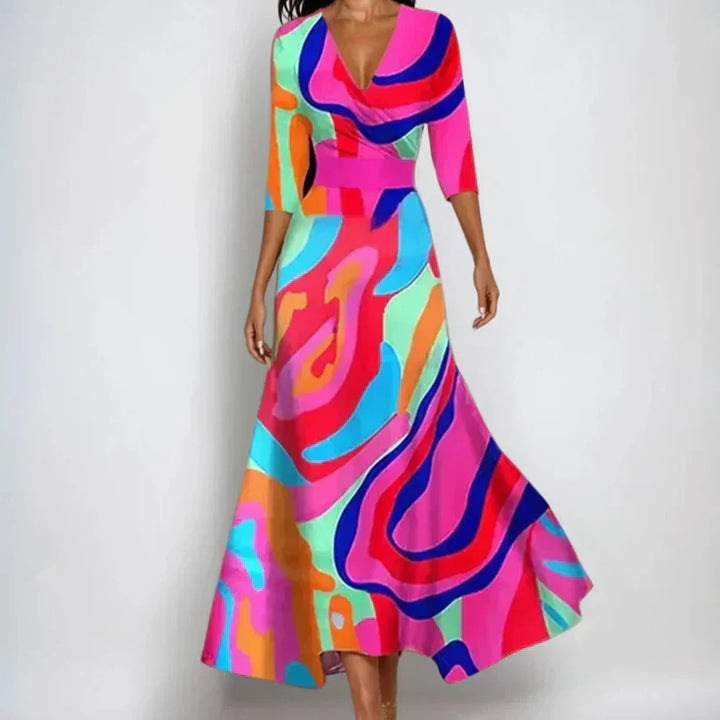 Vestido largo floral para mujer con escote V y ajuste envolvente, perfecto para un look de verano elegante y casual.