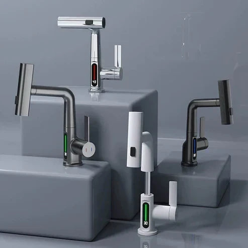 Grifo de cocina giratorio y extraíble, con rociador y pantalla LED para control del agua.