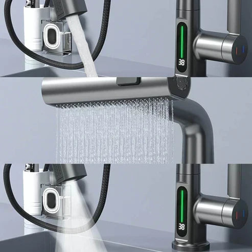 Grifo extraíble de cocina para un lavado eficiente, con pantalla LED de temperatura.