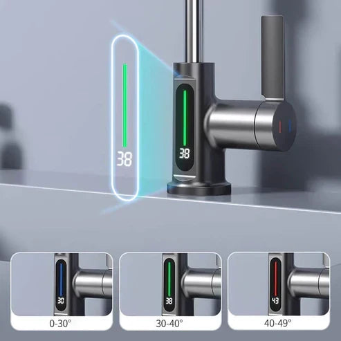 Grifo de cocina multifuncional: extraíble, rociador potente y pantalla LED intuitiva.