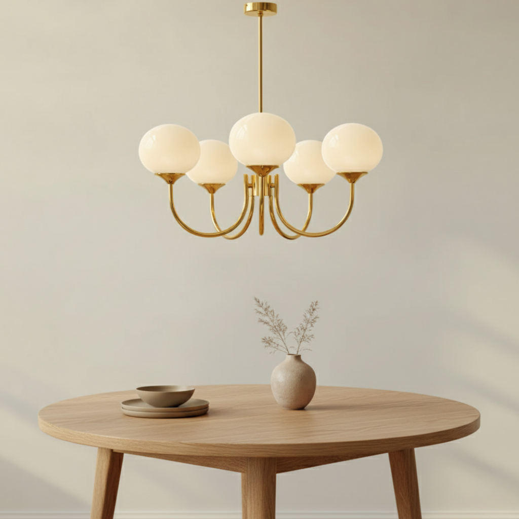 Lámpara de araña de diseño moderno. Esferas opacas, pieza central para la decoración contemporánea.