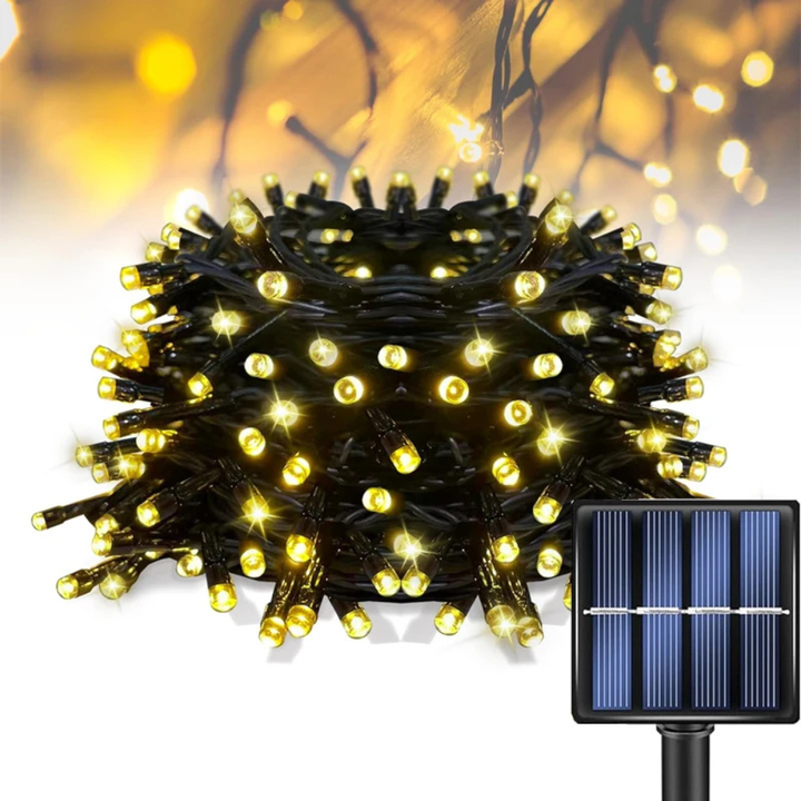 Cadena de luces solares resistente a la intemperie, iluminación exterior confiable.