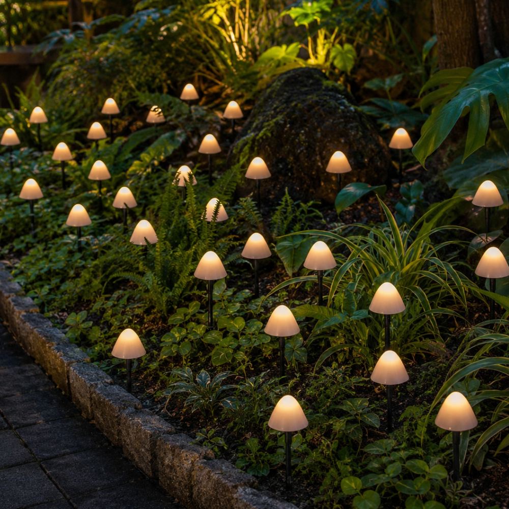 Set de luces solares LED de hongo para decorar tu jardín o terraza.