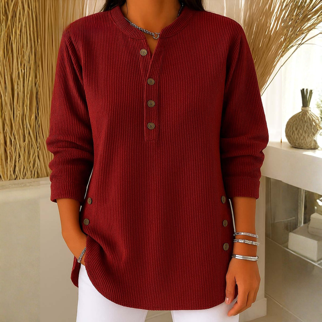 Sudadera de mujer con cuello abotonado y textura. Suéter casual de manga larga para comodidad diaria.