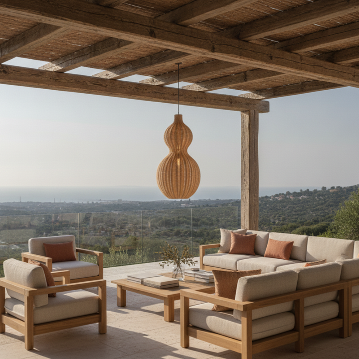 Decoración de jardín con lámpara colgante tejida impermeable IP65, estilo boho moderno.