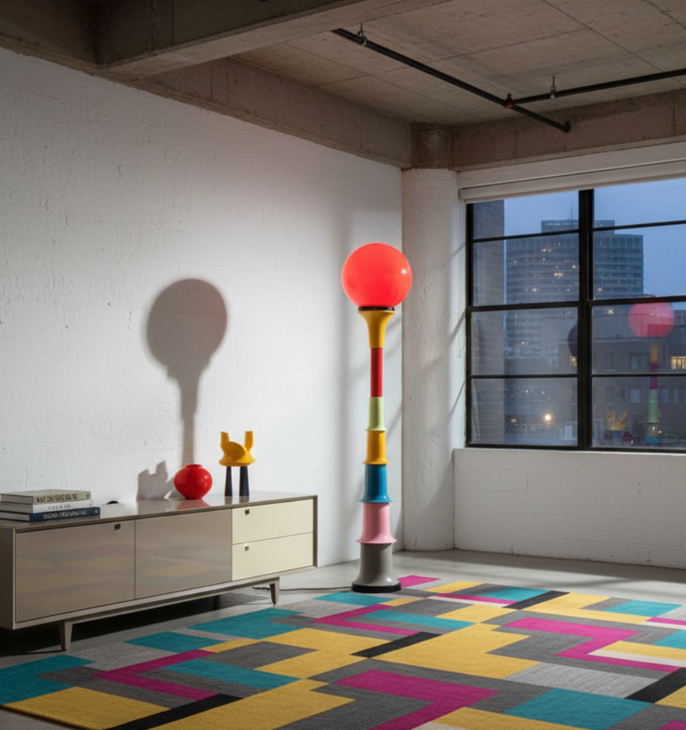 Estilo contemporáneo en lámpara de pie. Iluminación vibrante para decoración de hogar moderna.