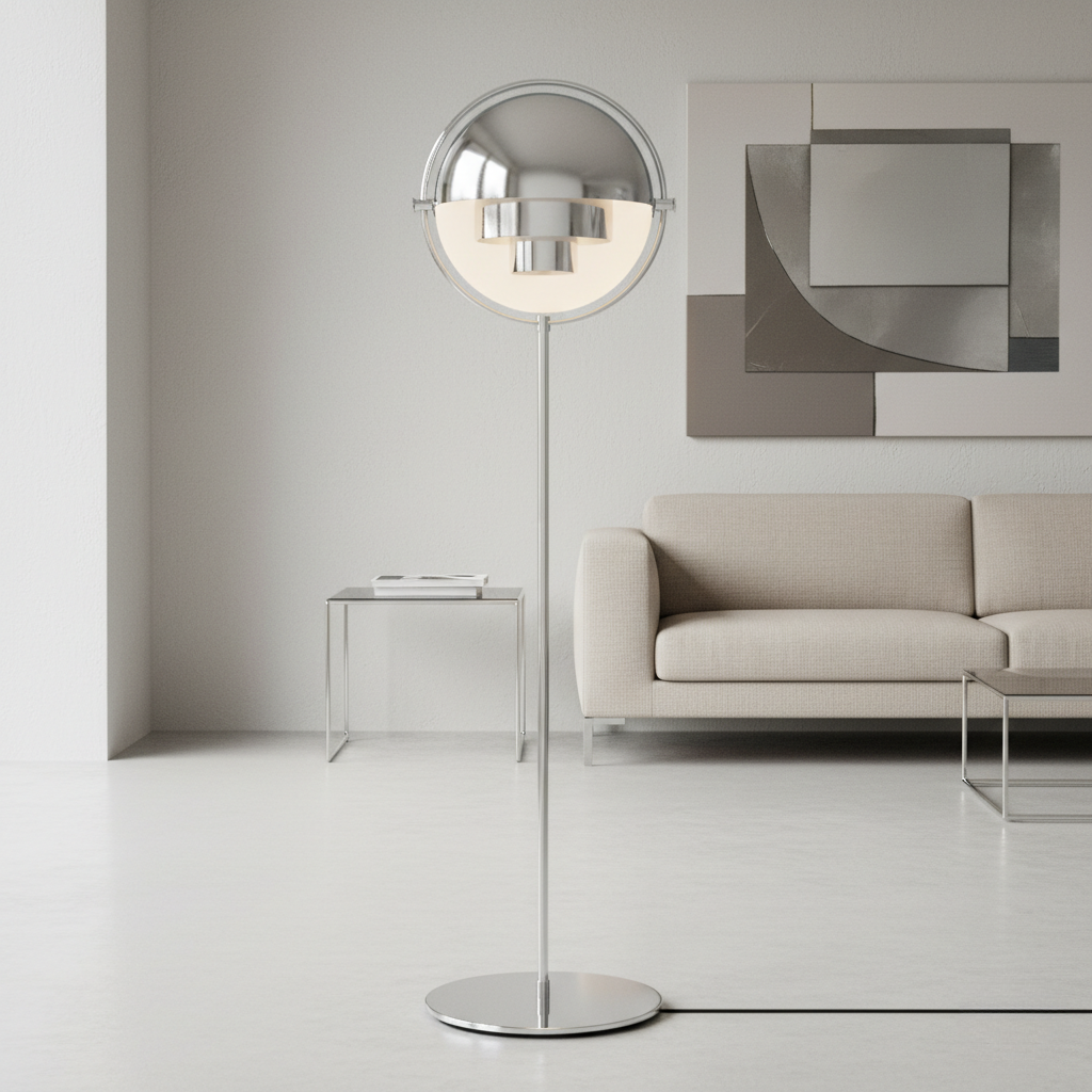 Lámpara de pie dorada con diseño escultural, perfecta para decoración contemporánea.