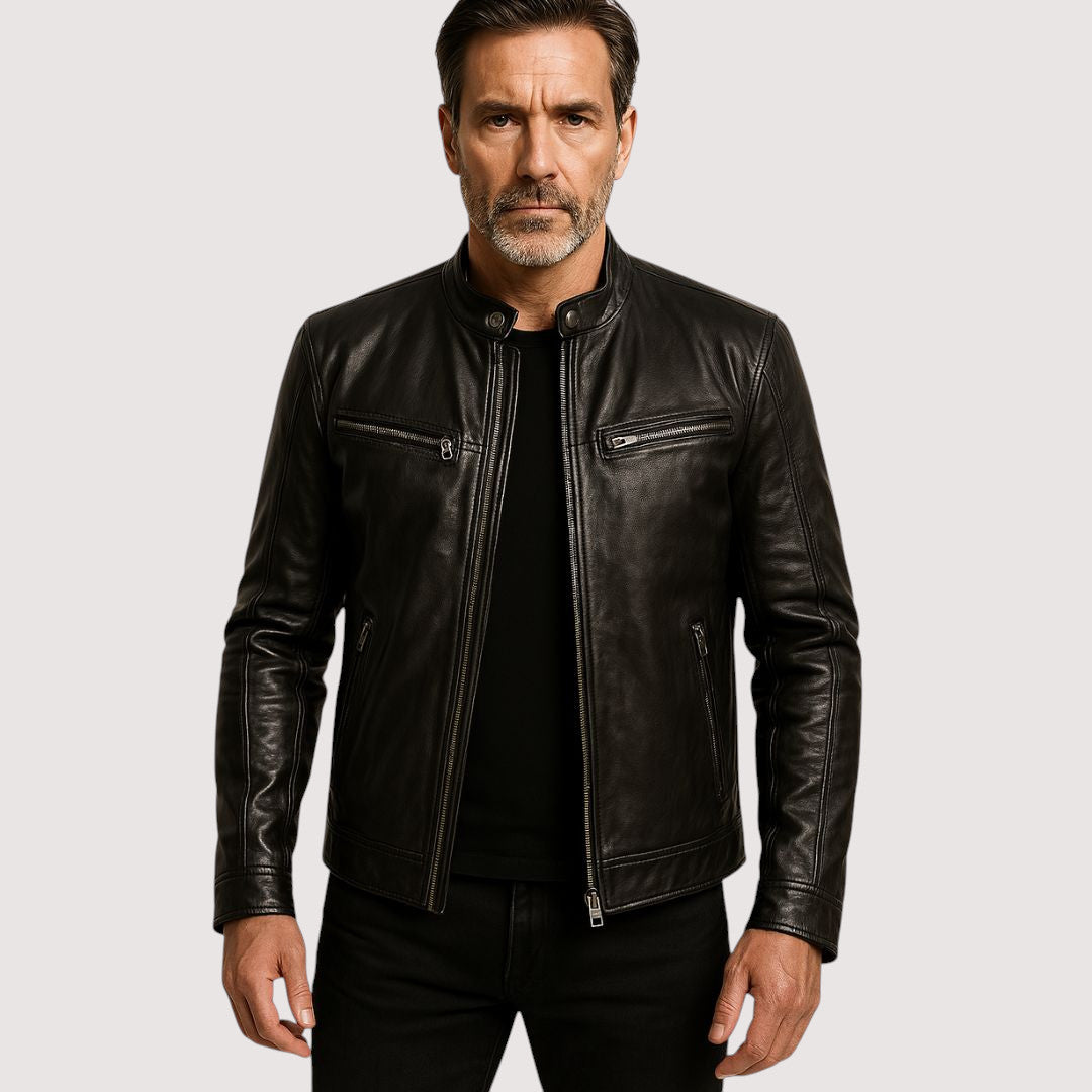 Chaqueta biker clásica de cuero para hombre, estilo atemporal y sofisticado, moda masculina.