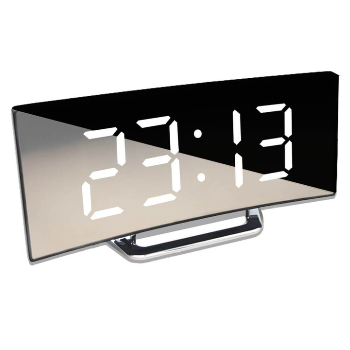 Reloj digital LED curvado para dormitorios, con modos de brillo nocturno y diurno ajustables.