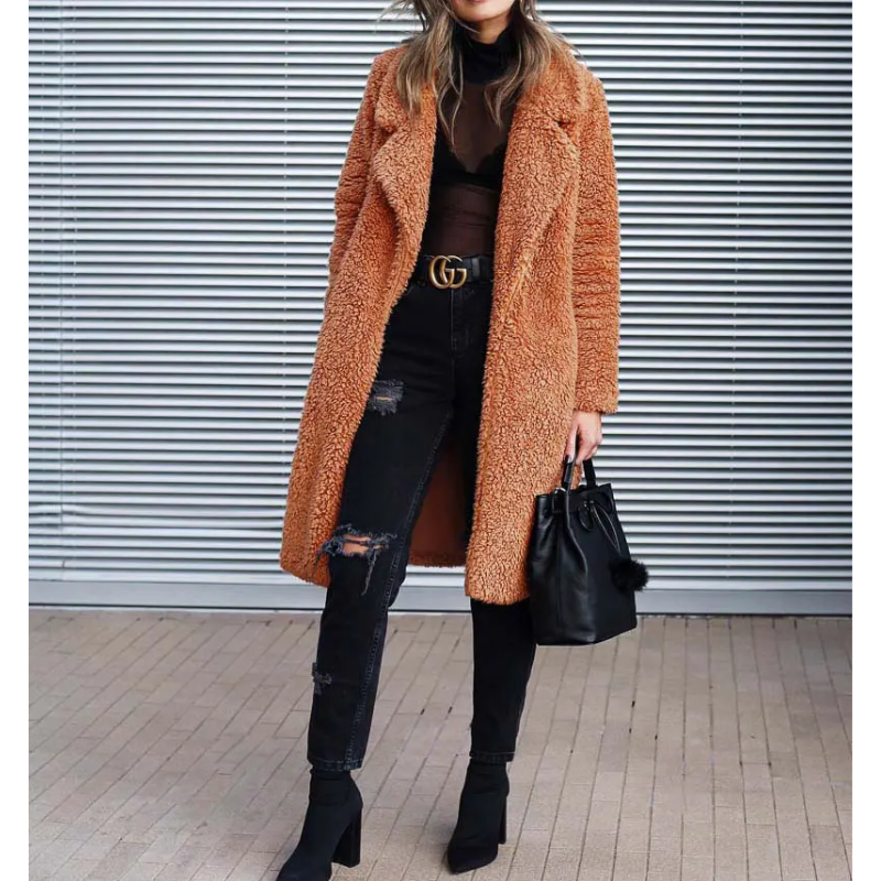 Chaqueta de invierno de mujer, estilo teddy, largo, que aporta calidez y sofisticación.