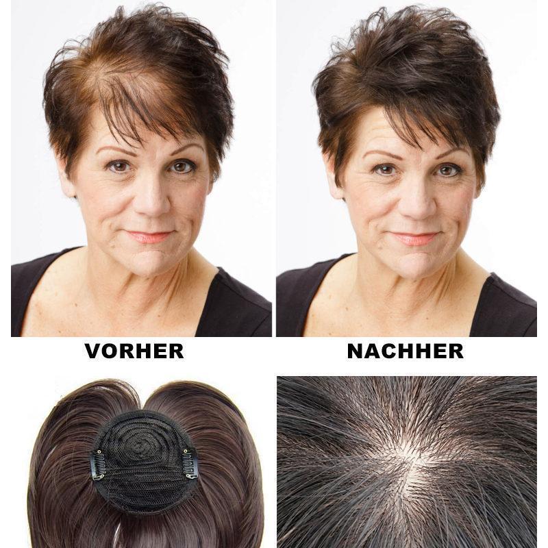 Topper de cabello gris para mujer. Cubre cabello fino y añade volumen natural y discreto.