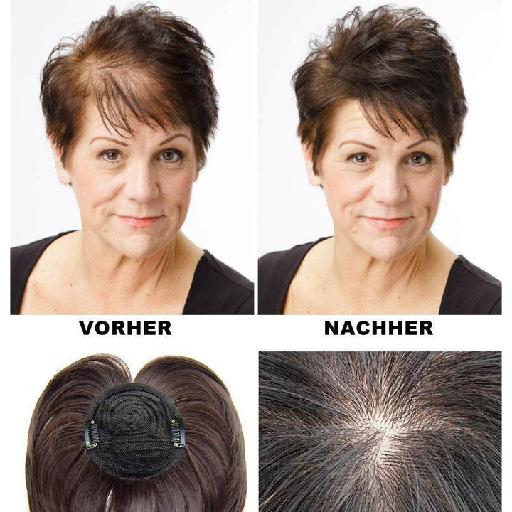 Topper de cabello gris para mujer. Cubre cabello fino y añade volumen natural y discreto.