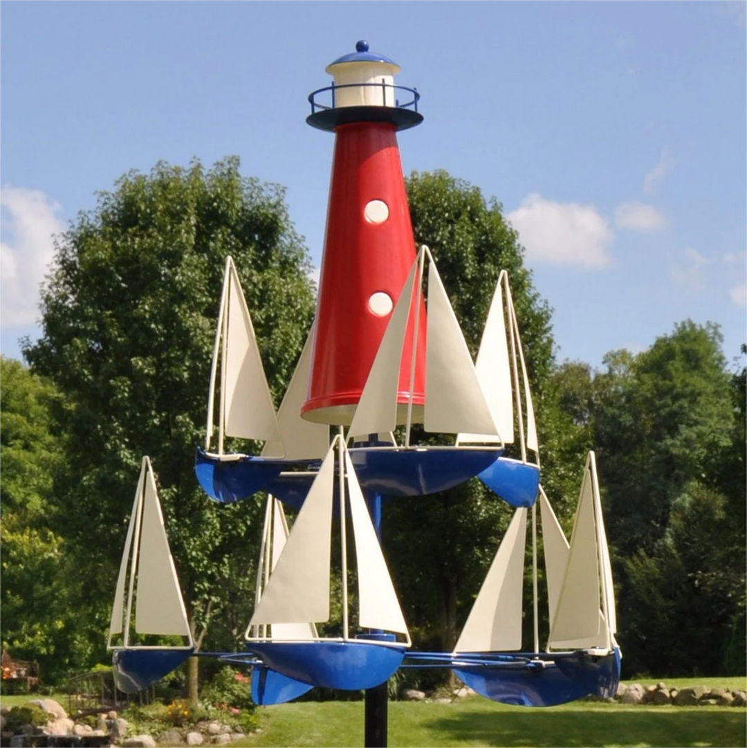 Escultura de viento náutica para jardín, decoración exterior cinética de metal en rojo, blanco y azul.