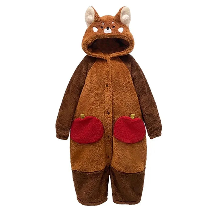 Suave pijama de poliéster de panda rojo para adultos, unisex y divertido para las noches frías.