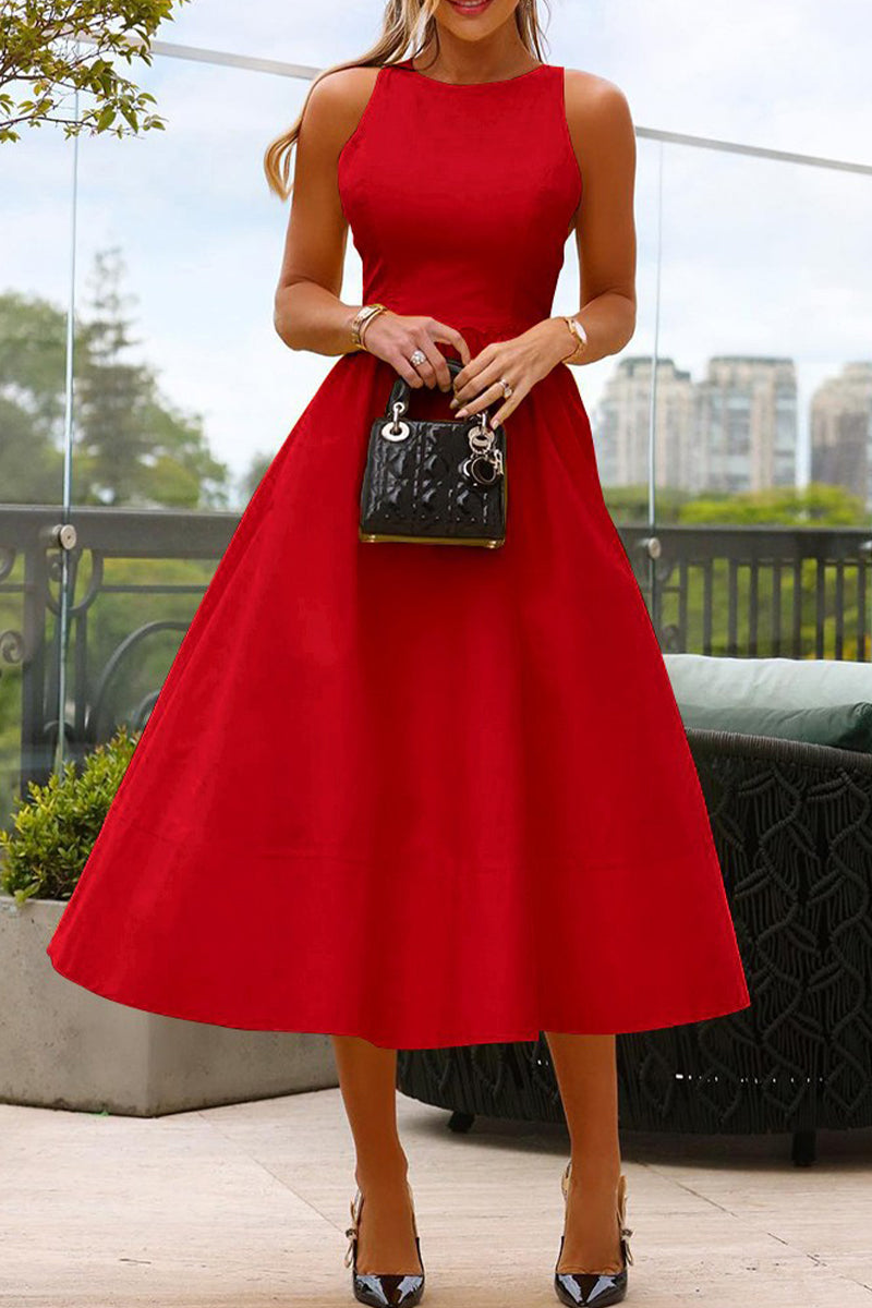 Vestido midi rojo elegante para mujer con escote redondo, perfecto para fiesta y cóctel. Moda femenina para eventos formales.
