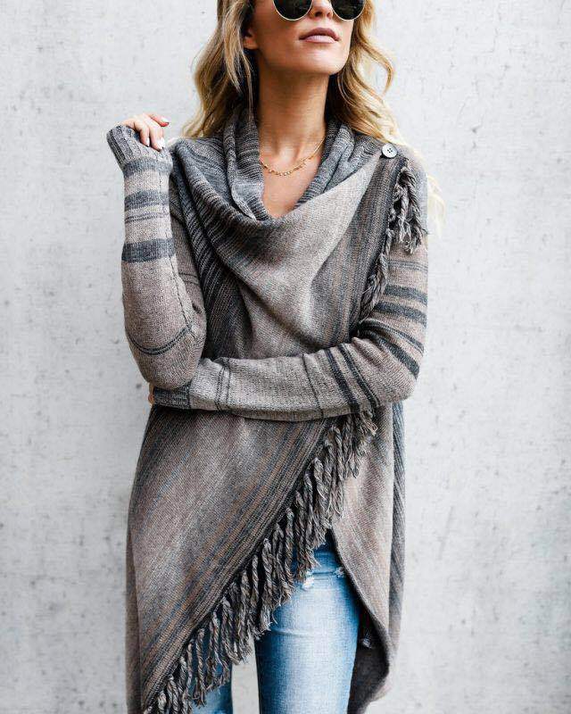 Precioso suéter de mujer con flecos, rayas y tejido suave, ideal para moda de otoño e invierno.