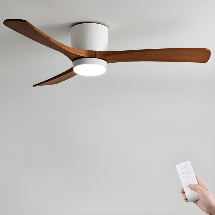 Ventilador de techo nórdico con luz LED que ilumina uniformemente, palas de madera estéticas.