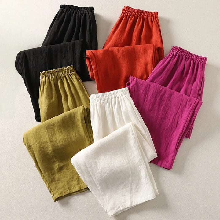 Pantalón de lino algodón para mujer, muy cómodo con cintura elástica. Perfecto para un look casual y fluido.