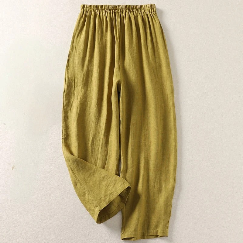 Pantalón de verano para mujer, lino algodón y cintura elástica. Cómodo, casual, perfecto para la moda femenina.