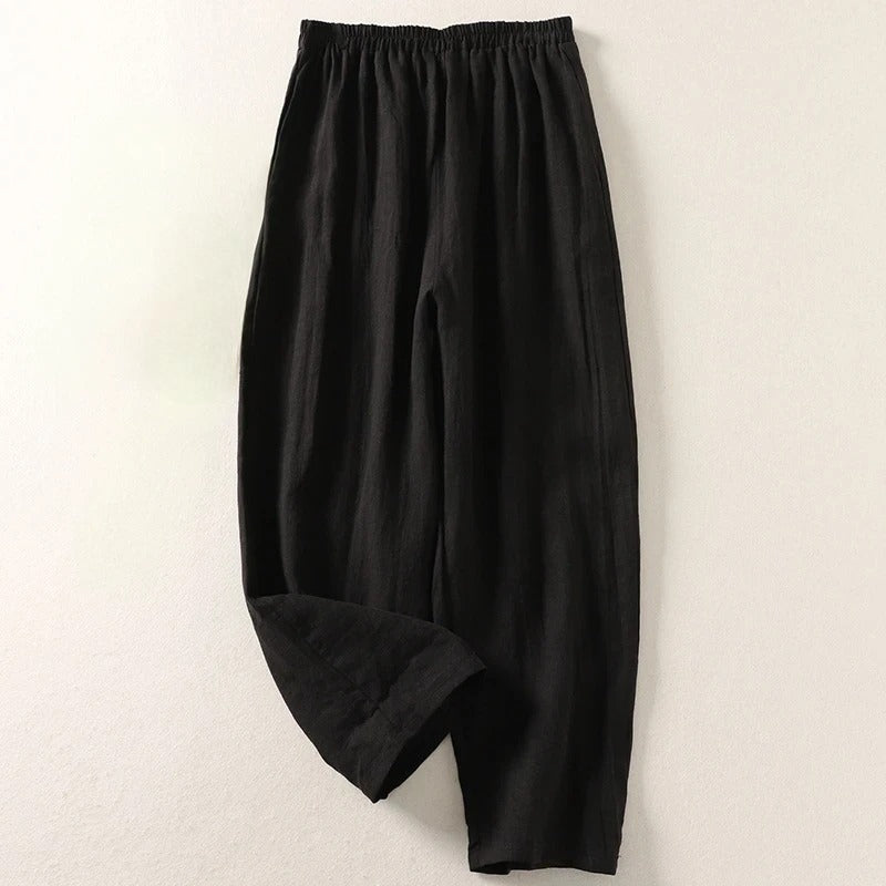 Pantalón de lino algodón para mujer con cintura elástica, estilo casual y cómodo. Ideal para un día relajado.