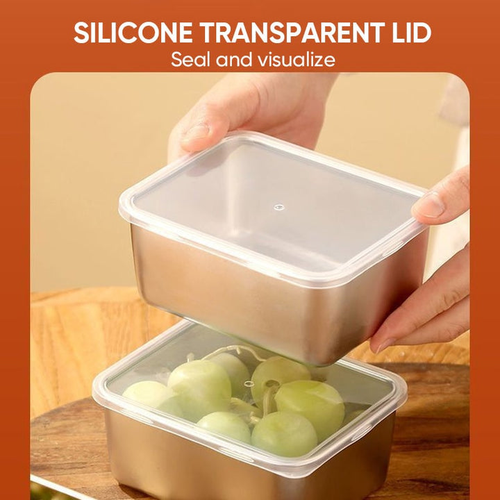 Contenedor de acero inoxidable para frutas frescas. Almacenamiento de alimentos saludable y reutilizable.