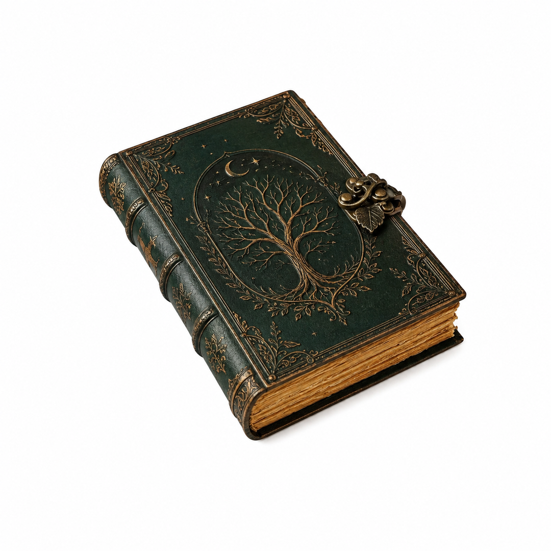 Cuaderno vintage con diseño Árbol de la Vida y cierre metálico. Ideal para journaling, escritura y regalos.