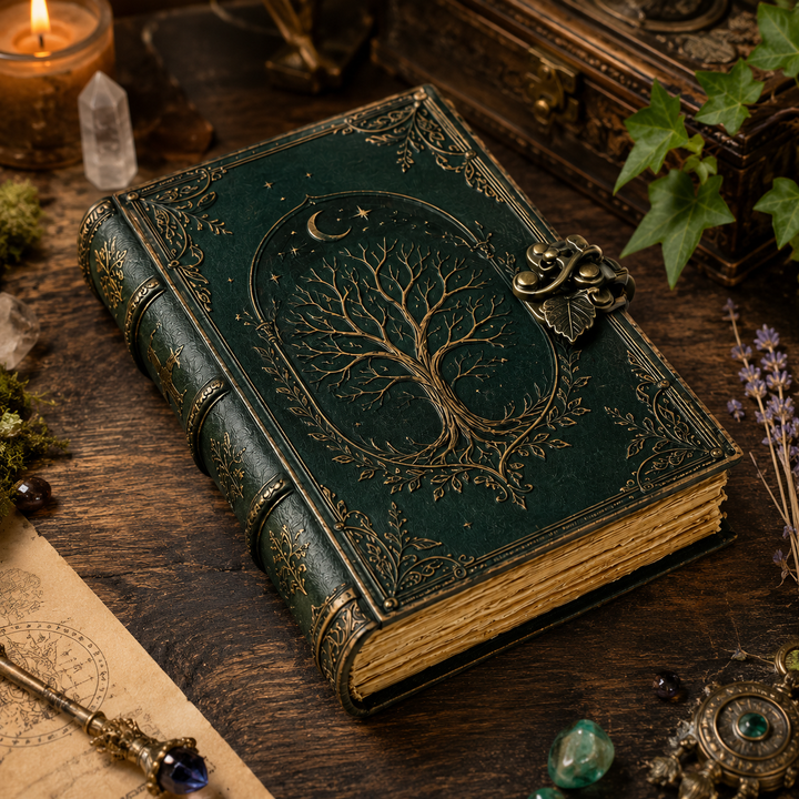Elegante cuaderno vintage Árbol de la Vida, cubierta detallada y cierre metálico para papelería especial.