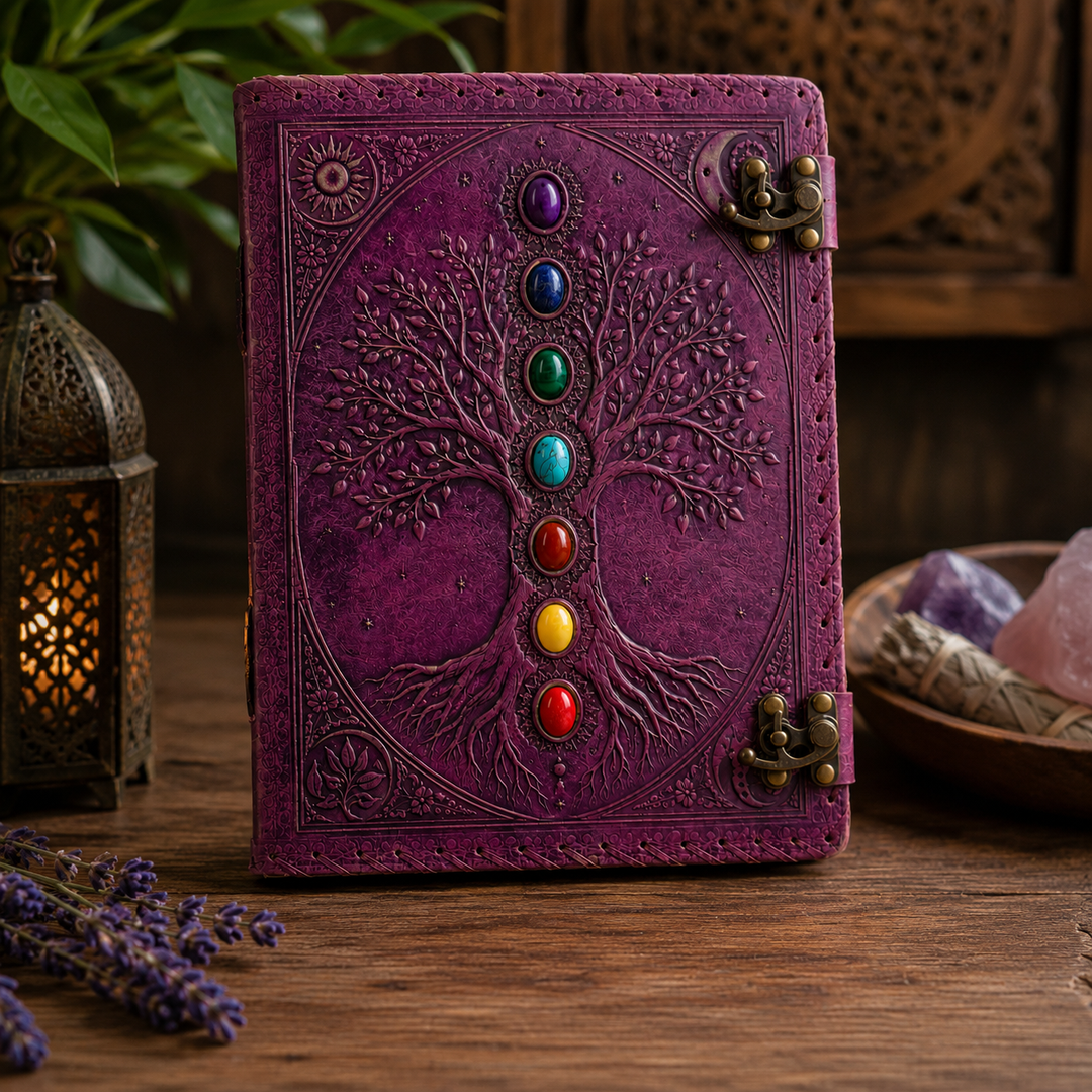 Cuaderno para journaling Árbol de la Vida artesanal. Diseño místico con piedras y doble cierre, ideal para diario.