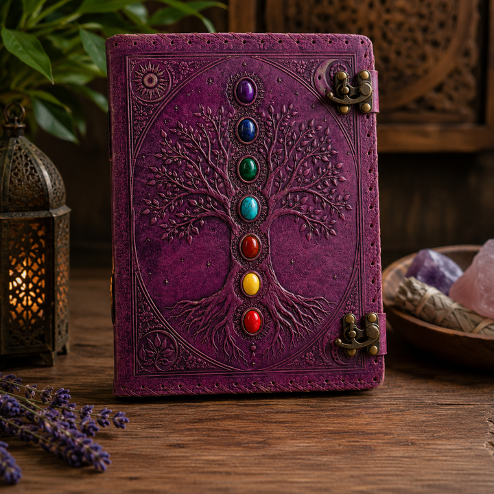 Cuaderno para journaling Árbol de la Vida artesanal. Diseño místico con piedras y doble cierre, ideal para diario.