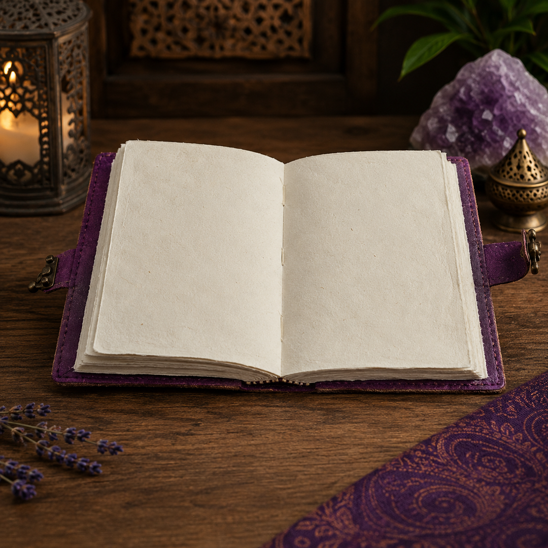 Cuaderno espiritual con diseño Árbol de la Vida, piedras y cierre doble. Regalo artesanal único para escritura.