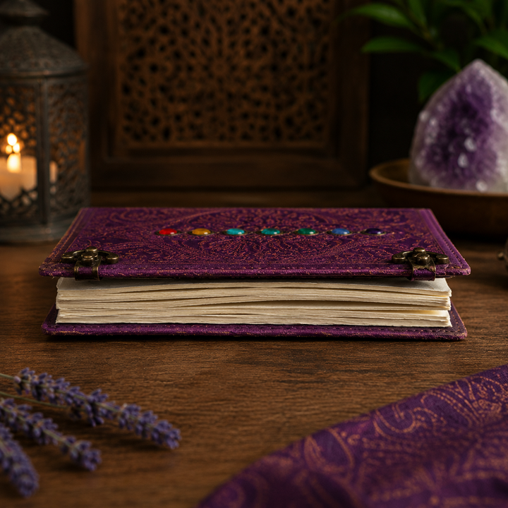 Diario místico vintage Árbol de la Vida. Tapa con piedras decorativas y doble cierre. Ideal para reflexiones.