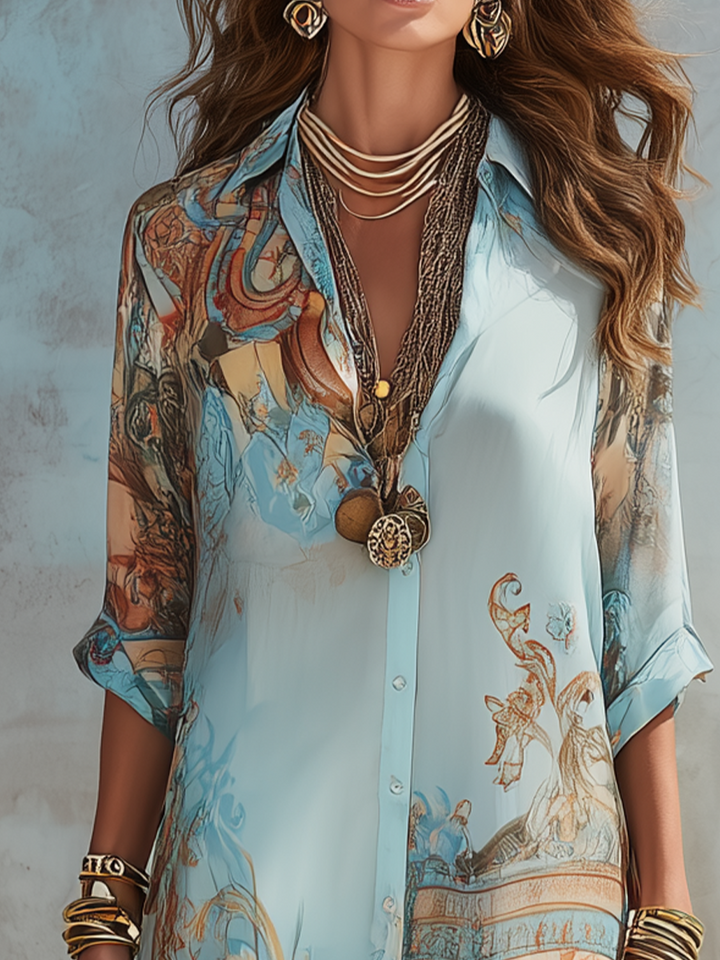 Cómodo vestido camisero azul para mujer, largo, con estampado bohemio vibrante, ideal para el verano.