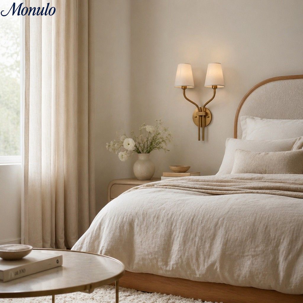 Iluminación dorada cálida para dormitorio de lujo; aplique de pared estilo hotel.