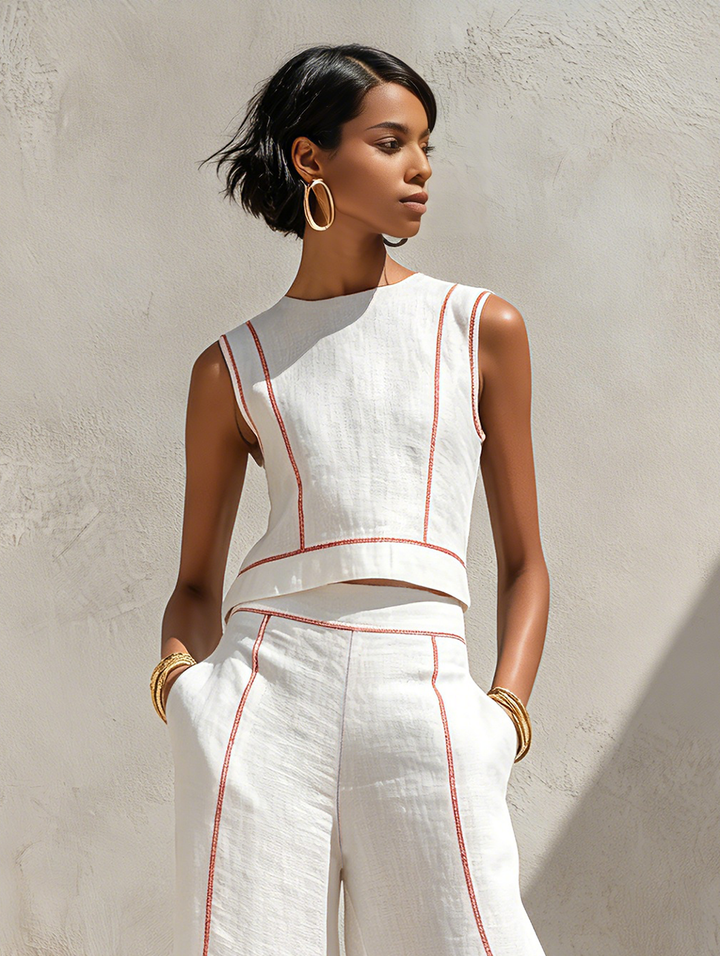 Conjunto femenino elegante y fresco: top sin mangas y pantalón ancho fluido para la moda de verano.