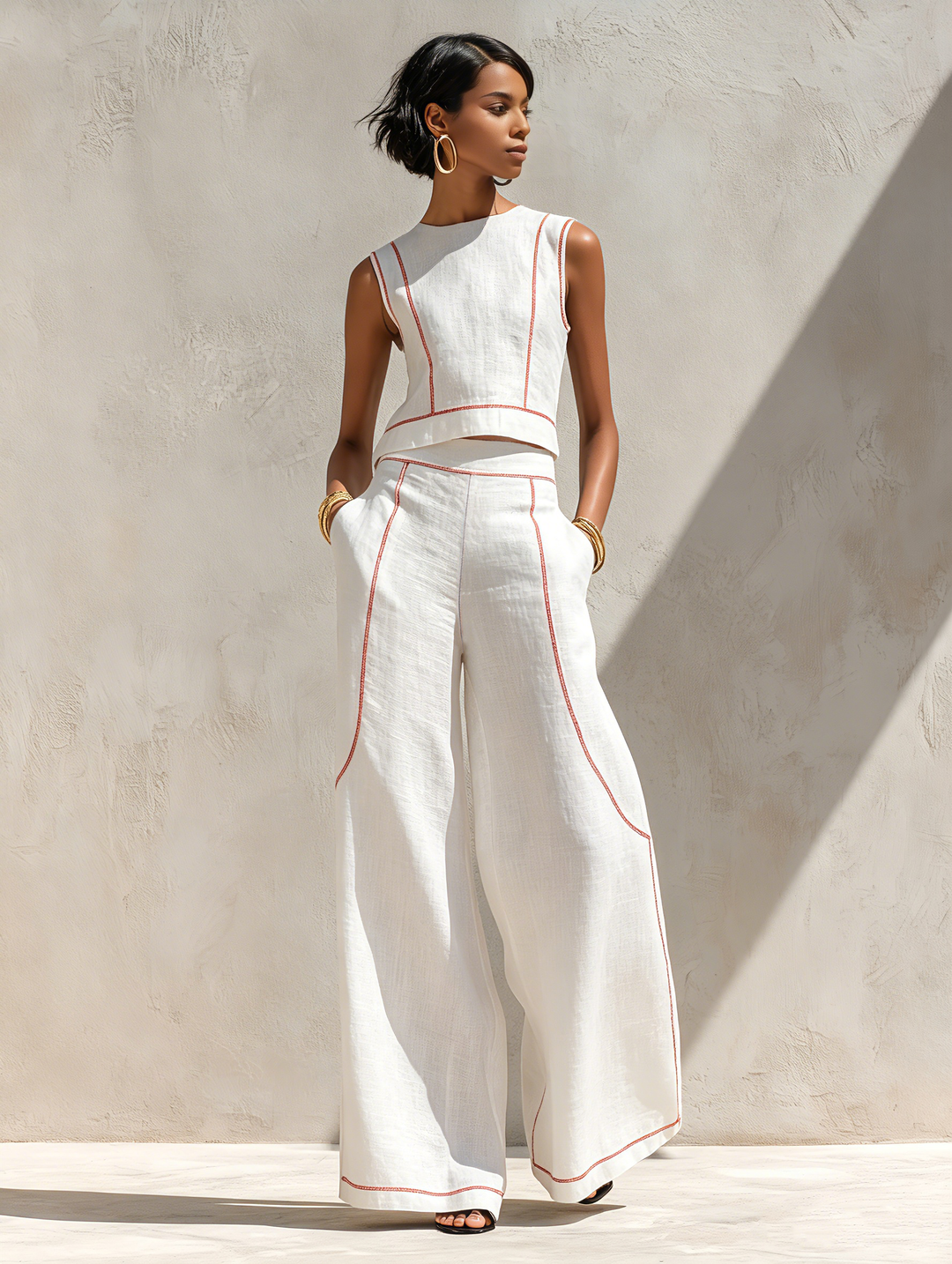 Moda femenina versátil: conjunto de top sin mangas y pantalón ancho fluido, elegante y cómodo para viajes.