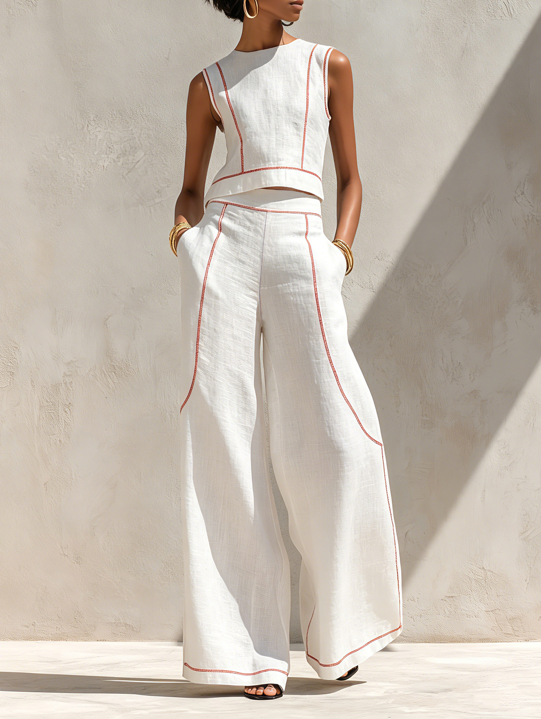 Conjunto mujer cómodo y versátil de top y pantalón fluido, ideal para vacaciones y viajes.