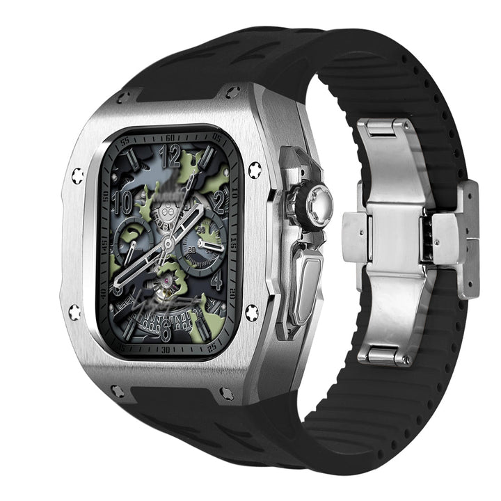 Smartwatch Ultra 49mm con funda de titanio cepillado y correa deportiva de fluorocaucho, duradero.