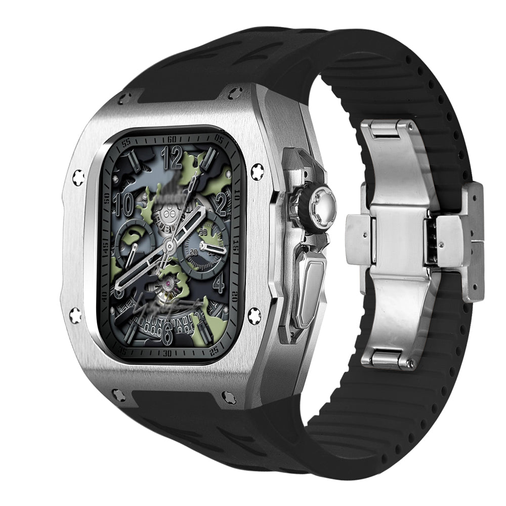 Funda de titanio y correa de fluorocaucho negra para Smartwatch Ultra 49mm. Protección duradera.