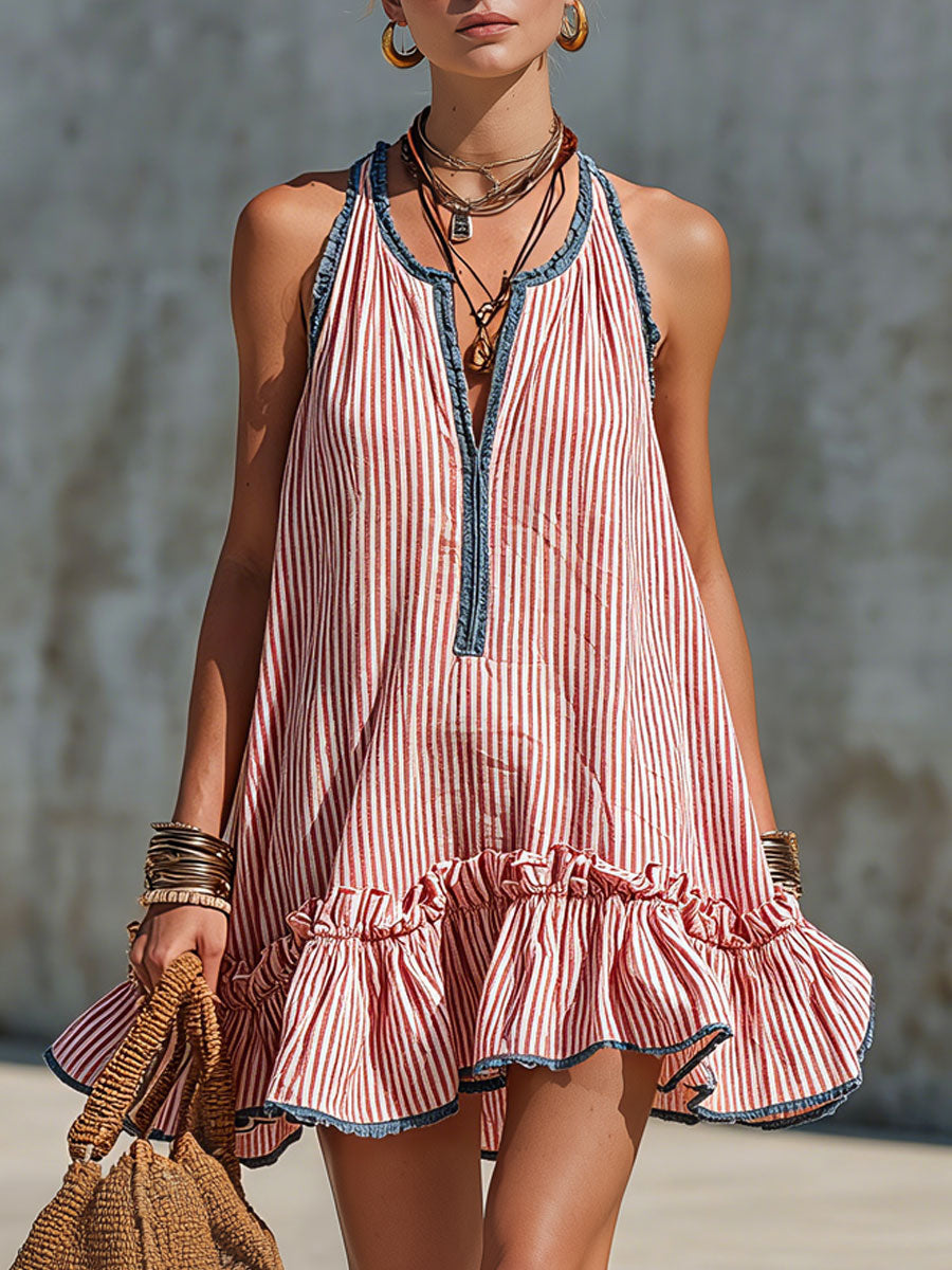 Vestido mini halter de rayas con volantes para mujer, ideal para verano casual.