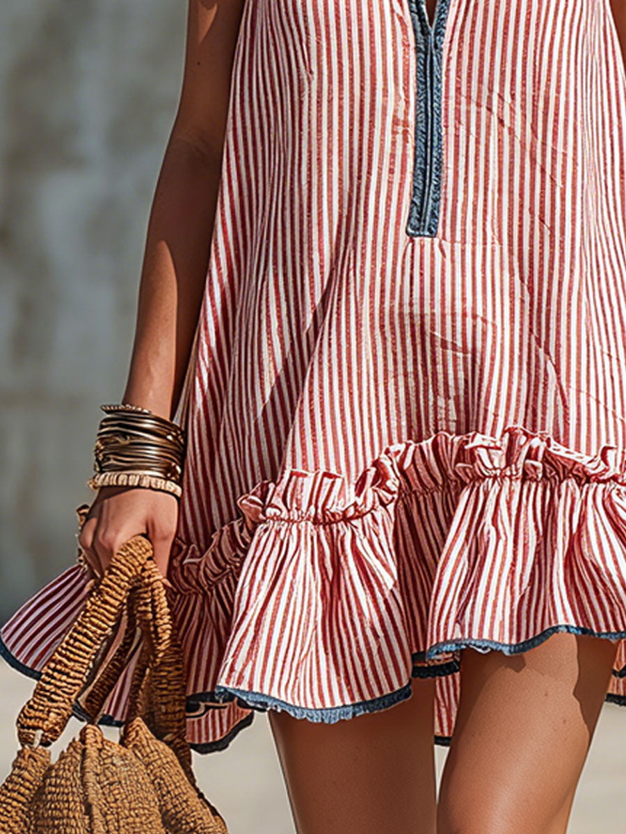 Vestido mini de algodón ligero con rayas, escote halter y volantes, cómodo para mujer en verano.