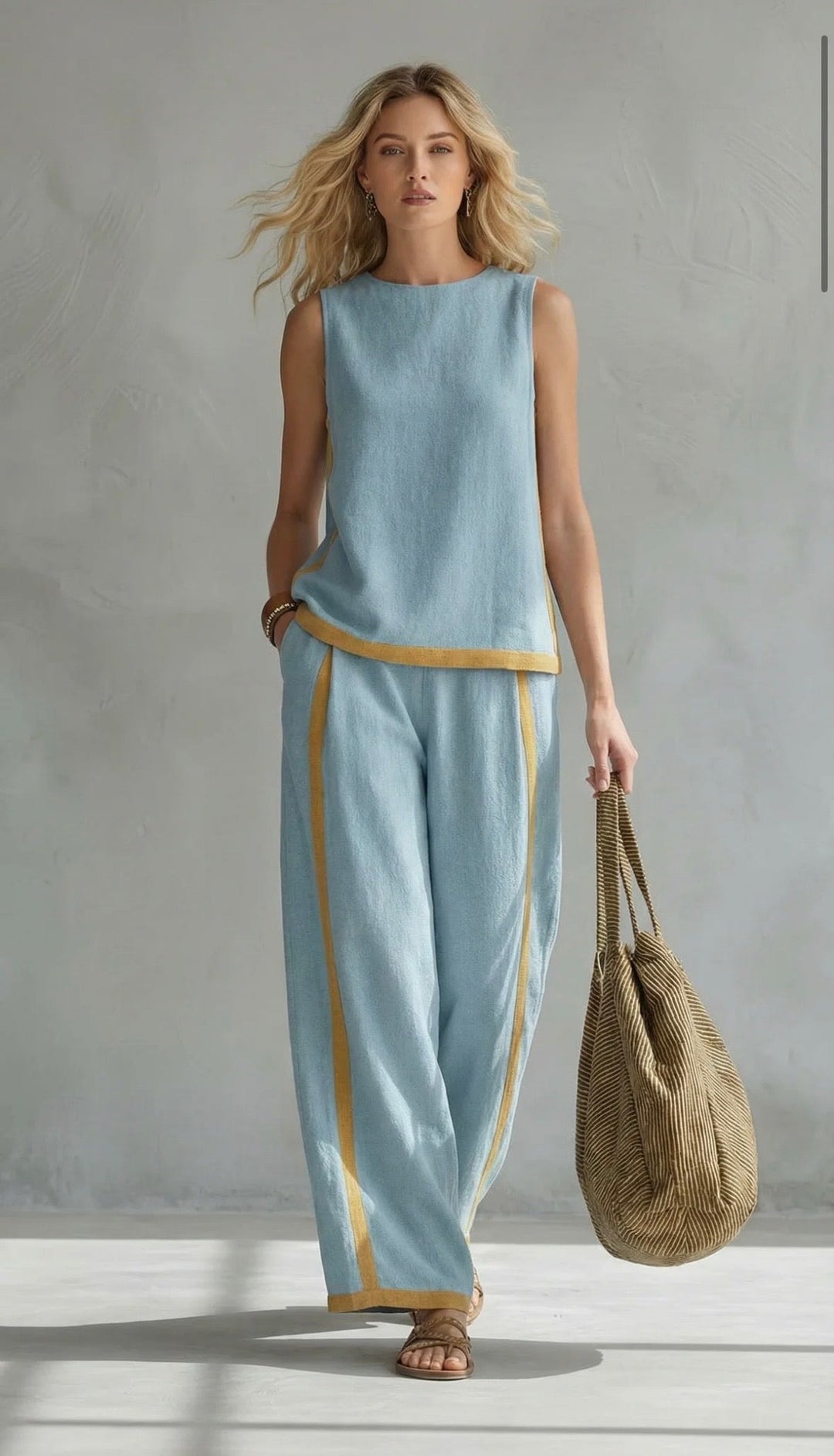 Moda de mujer: Conjunto de chaleco y pantalón de lino y algodón. Prenda cómoda y fresca para el buen tiempo.