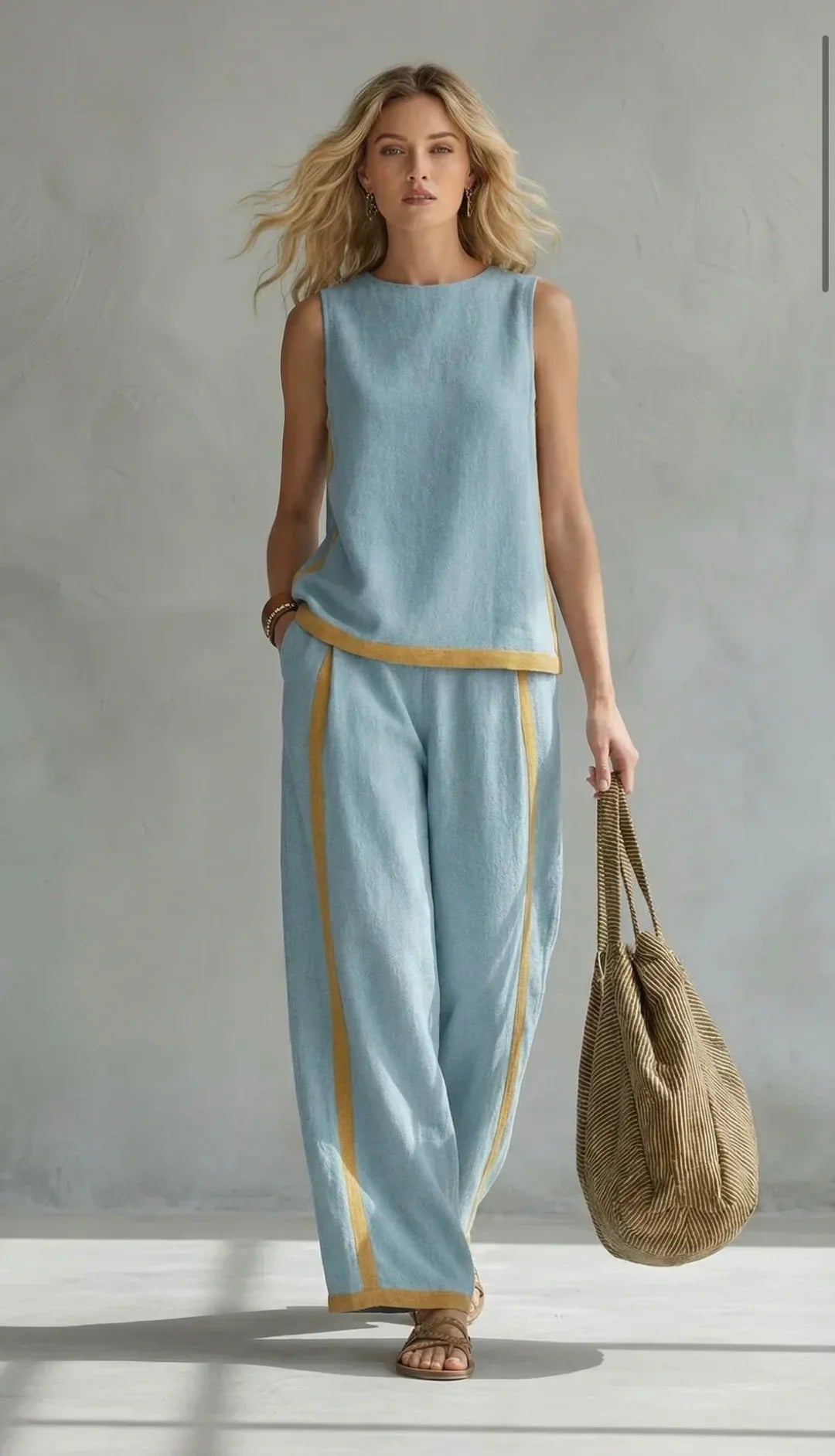 Chaleco y pantalón de algodón y lino, conjunto dos piezas de mujer para un look fresco y moderno.