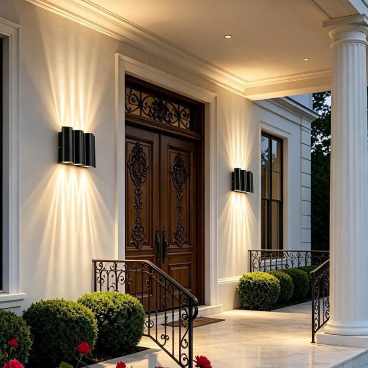 Aplique de pared LED, diseño ondulado, luz decorativa para ambientes exteriores modernos.