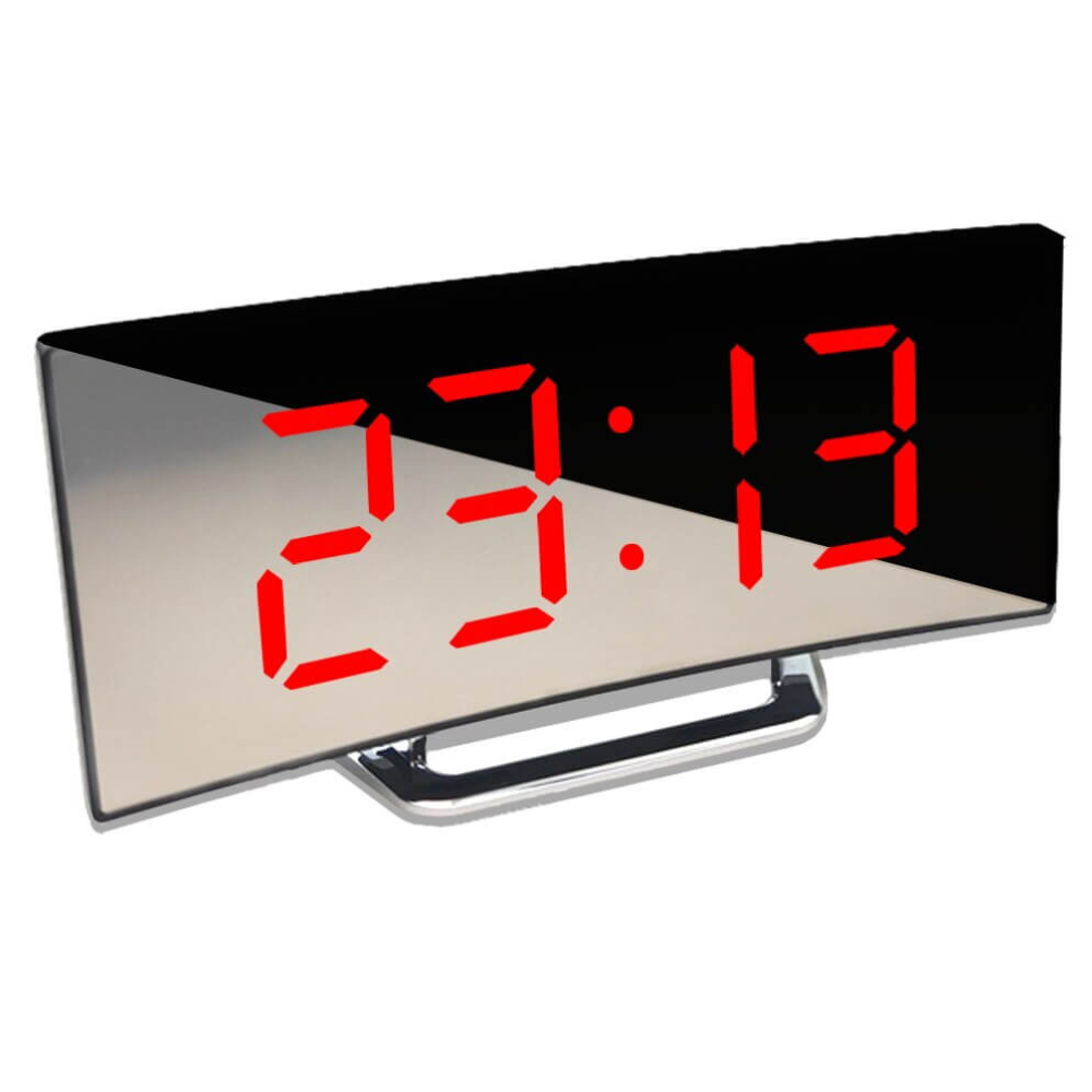 Despertador LED curvado negro, con visualización de hora y temperatura, recargable por USB.